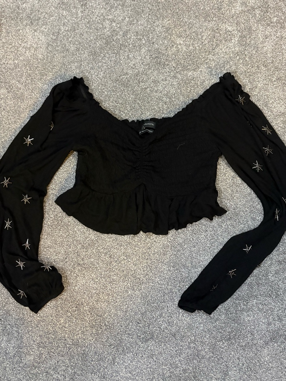 NWT Urban Outfitters Black Smocked Long-Sleeve Star Beaded Crop Top- M